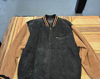 Vintage Harrison & Taylor Suede Bomber Jacket - Black and Tan Varsity Style - Men&#39;s XL