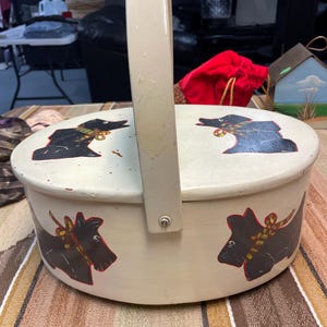 Vintage Scottie Dog Wooden Sewing Basket with Handle - Hand-Painted Hinged Lid