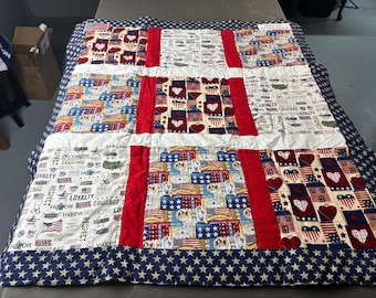 Handmade Patriotic Quilt Throw | Americana Lap Quilt | Veteran Gift | Red White & Blue Patchwork Quilt | 38 x 34 Inches