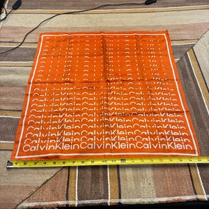 Vintage Calvin Klein Silk Scarf – Orange Logo Print, 21&quot; Square | Designer Neck Scarf or Pocket Square