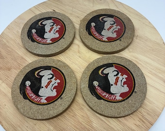 Florida State Seminoles Coasters Set of 4, FSU Cork Back Drink Coasters, Vintage College Sports Bar Decor, NCAA Fan Gift