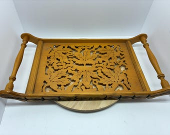 Vintage 1970s Carved Wood Serving Tray Leaf Cutout Mid Century Decor