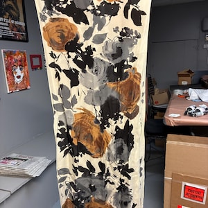 Anne Klein Floral Scarf – Abstract Black Gray Rust Print – Designer Wrap or Neck Scarf – Vintage Look