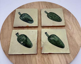 Handmade Jalapeño Tile Coasters Set of 4, Rustic Ceramic Drink Coasters, Hand Painted Pottery Kitchen Decor, Southwest Folk Art Table Decor