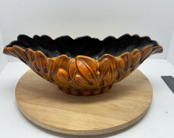 Vintage USA Pottery Leaf Bowl Mid Century Drip Glaze Brown Black Centerpiece Dish Rustic Decor