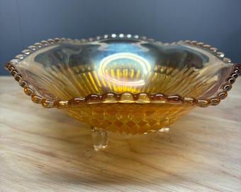 Vintage Marigold Carnival Glass Footed Candy Dish | Amber Iridescent Glass Bowl | Diamond Pattern Pedestal Dish | Mid Century Decor