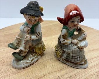 Vintage Made in Japan Boy & Girl Figurines Ceramic Dutch Style Couple Mid Century Hand Painted Set