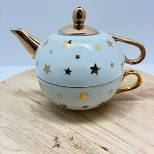 Vintage C&R Porcelain Teapot Cup Set Gold Star Pattern Japan Stacking Tea Set Celestial