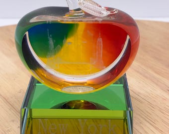 Vintage New York Glass Apple Paperweight | Rainbow Art Glass Skyline Etched | NYC Souvenir Decor | Colorful Glass Sculpture