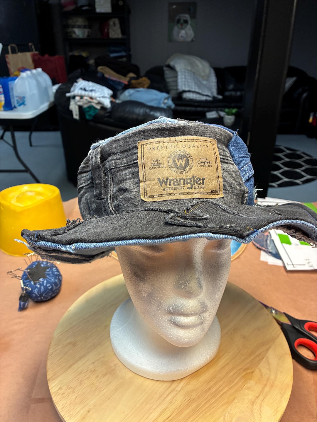 Reworked Wide Brim Hat Upcycled Patchwork Denim Hat – Wide Brim Western Style Hat  main image 3