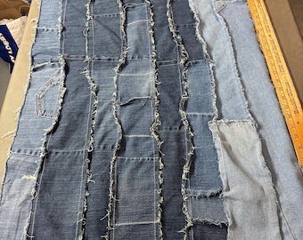 Frayed Denim Patchwork Fabric Panel 23 x 36, Upcycled Jeans Textile for Sewing, Craft Supply