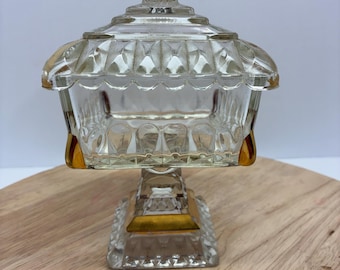 Vintage Clear Glass Pedestal Candy Dish with Lid, Square Pressed Glass Compote, Mid Century Glassware