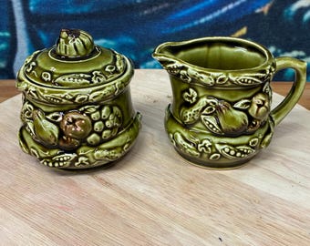 Vintage Japan Majolica Style Sugar Bowl & Creamer Set | Olive Green Fruit Motif Ceramic Kitchen Decor