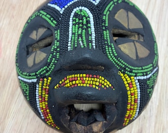 Vintage African Style Beaded Wooden Mask, Hand Carved Tribal Wall Decor, Colorful Beadwork Face Mask