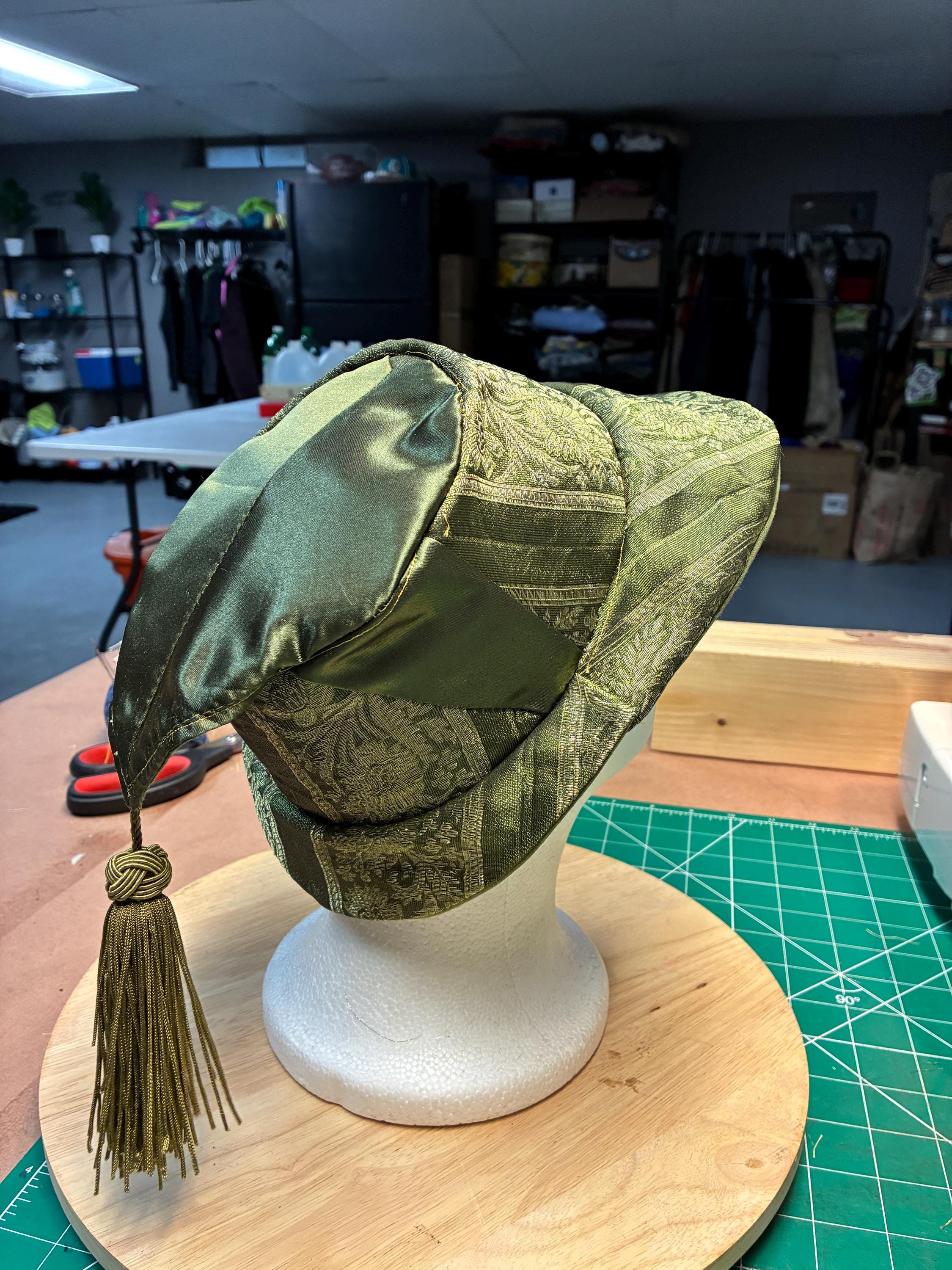 Upcycled Olive Green Brocade Bucket Hat XS (21”) | Tassel Detail | Ladybug Moda | Olive Green Bucket Hat | In stock! | Fawler main image 2