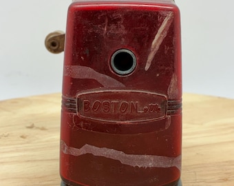 Vintage Boston Pencil Sharpener Red Bakelite Hand Crank Hunt Mfg Statesville NC Industrial Schoolhouse Office Decor