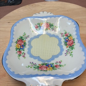 Vintage Royal Albert “Prudence” Crown China Square Tray | 1940s Floral Sandwich Plate | Made in England | Pink Rose & Blue Border