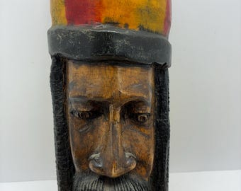 Hand Carved Wooden Rasta Wall Mask | Vintage Jamaican Folk Art | Rastafarian Decor | Handmade Wood Sculpture | 12 Inch Mask