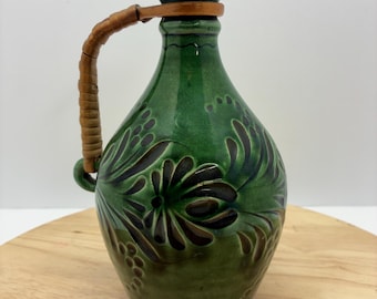 Vintage Green Art Pottery Ewer Pitcher Vase, Carved Floral Drip Glaze, Wrapped Handle, Mid Century Decor