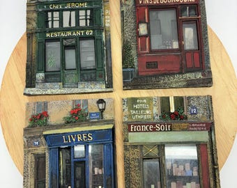 Vintage Paris Street Wall Art Set of 4, French Cafe Storefront Plaques, Chiu Tak Hak, European Wall Decor