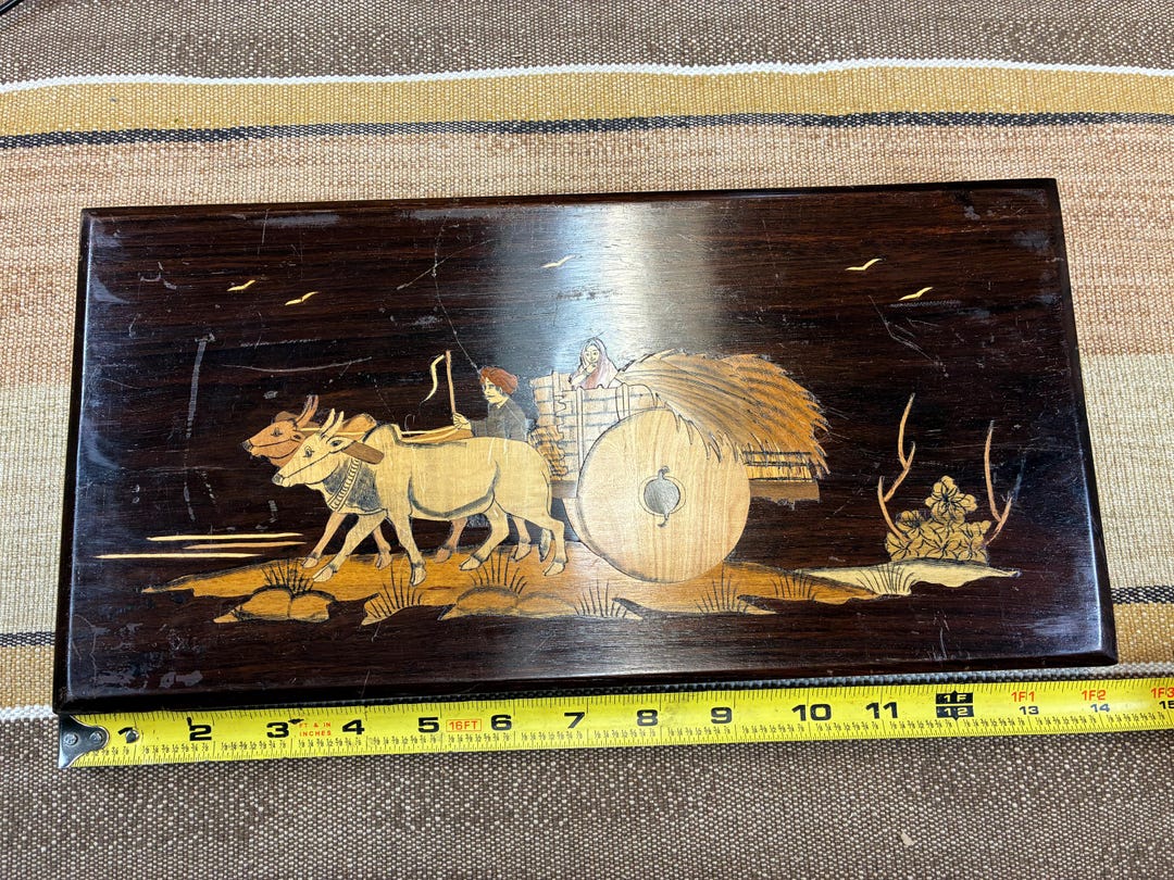 Vintage Wood Inlay | Ox Cart Scene | Rustic Farm Life  Vintage Wood Inlay Scene Ox Cart Farmer Rustic‎ Farmhouse Decor main image 0