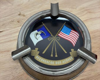 Vintage Azores Portugal USA Ashtray Metal Glass Souvenir Recordação Dos Açores Mid Century Smoking Tray