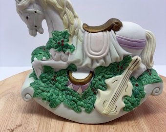 Vintage Porcelain Carousel Horse Music Box, Hand Painted Taiwan Musical Figurine, Rocking Horse Holiday Decor with Box