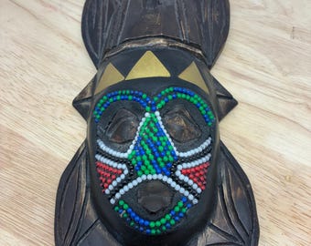 Vintage Ghana Hand Carved Wooden Mask with Beadwork, African Wall Decor, Tribal Style Art, Made in Ghana