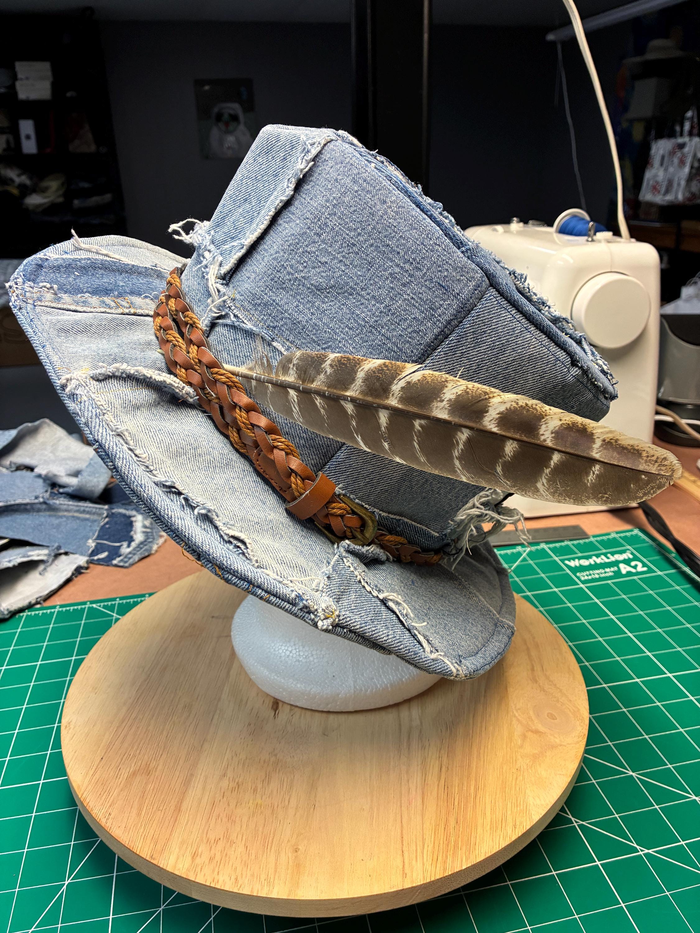 Upcycled Denim Cowboy Hat With Feather & Levi Patch  display picture 2
