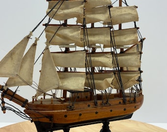 Vintage Style Wooden Sailing Ship Model Nautical Decor Clipper Ship Wood Boat w/ Cloth Sails Coastal Beach House Decor