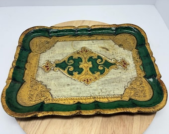 Vintage Italian Florentine Tray Capri Gilt Wood Hollywood Regency Gold Green Decorative Serving Tray Mid Century