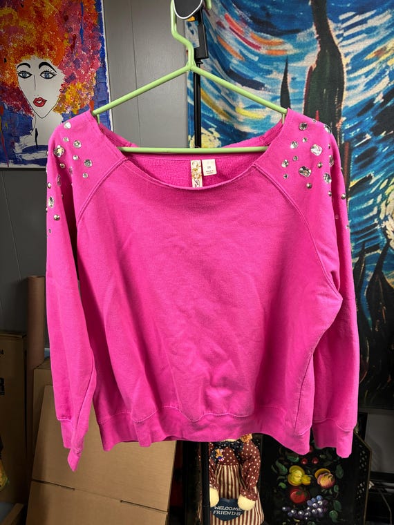 Y2K Pink Rhinestone Sweatshirt | Plus Size 2X | Bedazzled Shoulder Top