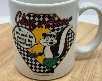 1991 Pepe Le Pew Mug, Vintage Looney Tunes Coffee Cup, Warner Bros Chef d’Amour Mug, 90s Cartoon Kitchen Kitsch Diner Mug