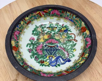 Vintage Chinese Export Porcelain Plate in Metal Tray | Famille Rose Floral Basket | Hong Kong Decorated ACF | Mid Century Asian Decor