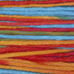 May include: Multicolored yarn with stripes of blue, orange, red, and green.