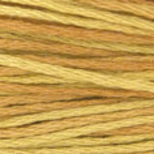 May include: A close-up of a skein of embroidery floss in shades of yellow and brown.