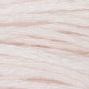 May include: Close-up of a skein of pale pink embroidery floss. The thread is tightly wound, showing a textured surface with subtle variations in color. The floss appears soft and delicate, suitable for various needlework projects.