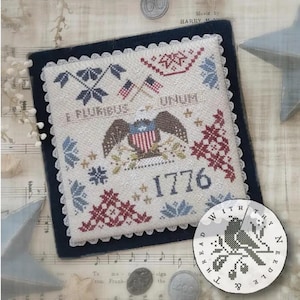 May include: A cross-stitch sampler with patriotic imagery, including an eagle, flags, and the year 1776. The sampler is framed in a dark blue velvet-like material and features the text "E Pluribus Unum". A small, round, cross-stitched design with a bird is also included.