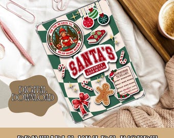 Może przedstawiać: Drukowany wkład do Kindle o tematyce świątecznej. Projekt zawiera czerwoną i białą czapkę Świętego Mikołaja z tekstem "Santa's Favorite Bookworm". Inne wzory to dziewczyna czytająca książkę, laski cukrowe, piernikowy ludzik i świąteczna lista rzeczy do zrobienia.