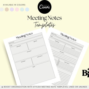 Meeting Notes Templates, Meeting Minutes, Meeting Agenda, Client Meeting Notes, Printable Meeting Notes, Canva Editable, Printable, PDF