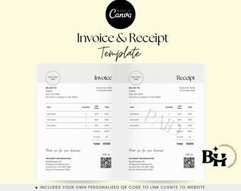 May include: A black and white invoice and receipt template with the text "Invoice & Receipt Template" at the top. The template includes a section for billing information, a table for items, and a section for payment information. The template also includes a QR code.