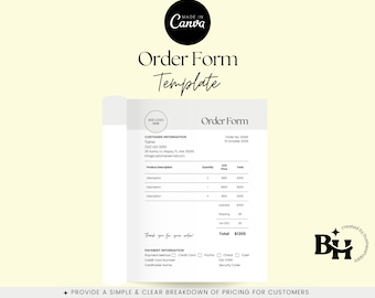 May include: A minimalist order form template with the text "Order Form Template" in a stylish font. The form includes sections for customer information, product descriptions, and payment details. The Canva logo is in the top left corner.