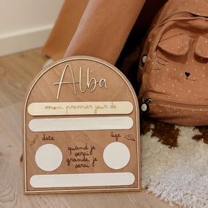 Peut inclure: Tableau de naissance en bois avec le prénom "Alba" en écriture cursive. Il comporte des espaces pour la date, l'âge et une citation, avec des dessins de crayon, nuage et avion en papier. Un sac à dos est visible en arrière-plan.
