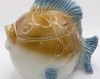 Vintage glasierte Keramik Kugelfisch Kanister oder Glas weiß blau braun