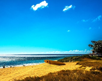 Keawaula Beach Oahu | Deserted Golden Sand Surfboard Blue Sky Hawaii Wall Art