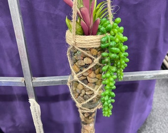 Glass bottle planter with macramé holder and succulent accents