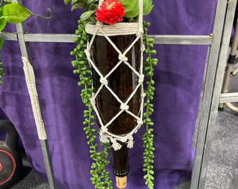 Glass wine bottle planter with macramé holder and succulent accents
