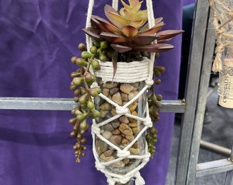 Glass bottle planter with macramé holder and succulent accents