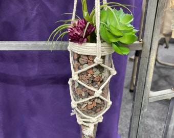 Glass bottle planter with macramé holder and succulent accents