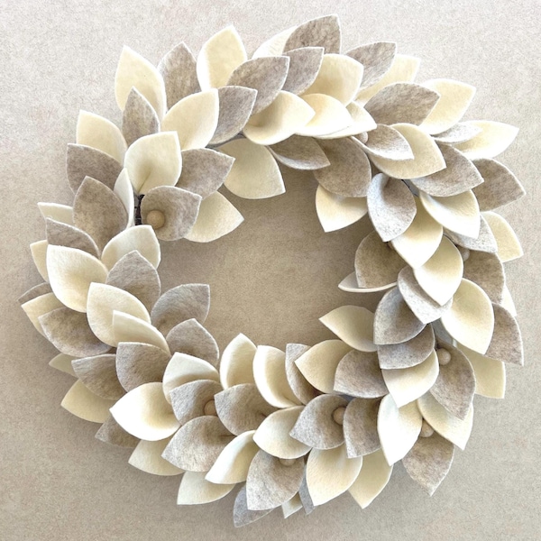 Oatmeal & Ivory Wool Felt Leaf Wreath / Neutral Wreath / 18” Outside Diameter / Handcrafted Quality, Made to Order